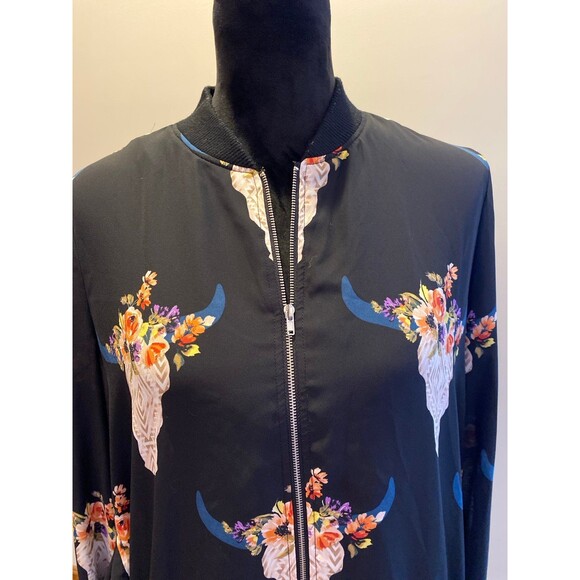 Fab’rik Bomber Jacket Size Medium Bison Head Floral Full Zip Front Lightweight - Picture 2 of 11